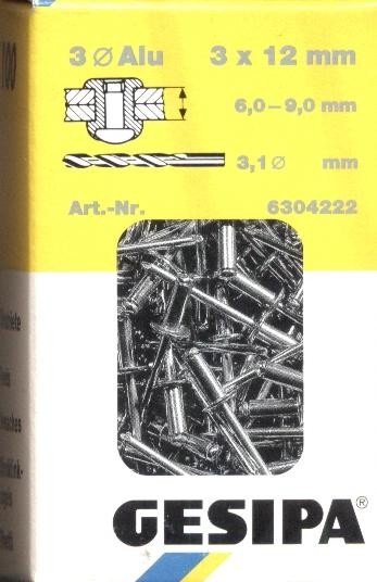 100 GESIPA aluminium rivets aveugles 3x12mm