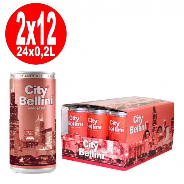 2 x 12 bidons 0,2 L City Bellini Peach, cocktail de pêches aromatisé à 5,5% d’alc. vol. dépôt gratuit